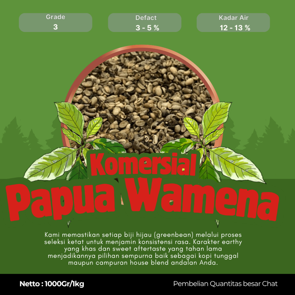 Grade 3 Komersial Papua Wamena Green Beans | Biji Kopi Mentah