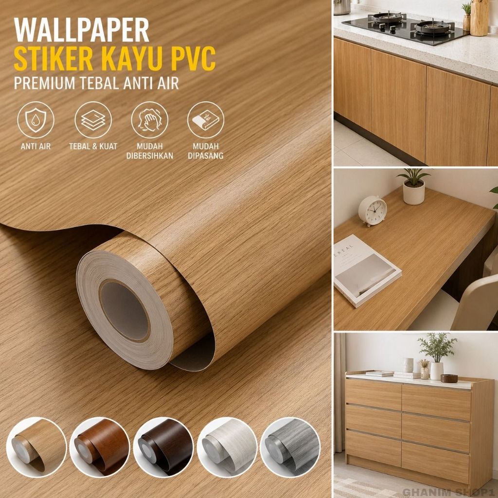 Wallpaper Stiker Kayu PVC Premium Tebal Anti Air Untuk Meja Lemari Kitchen Set Motif Serat Kayu