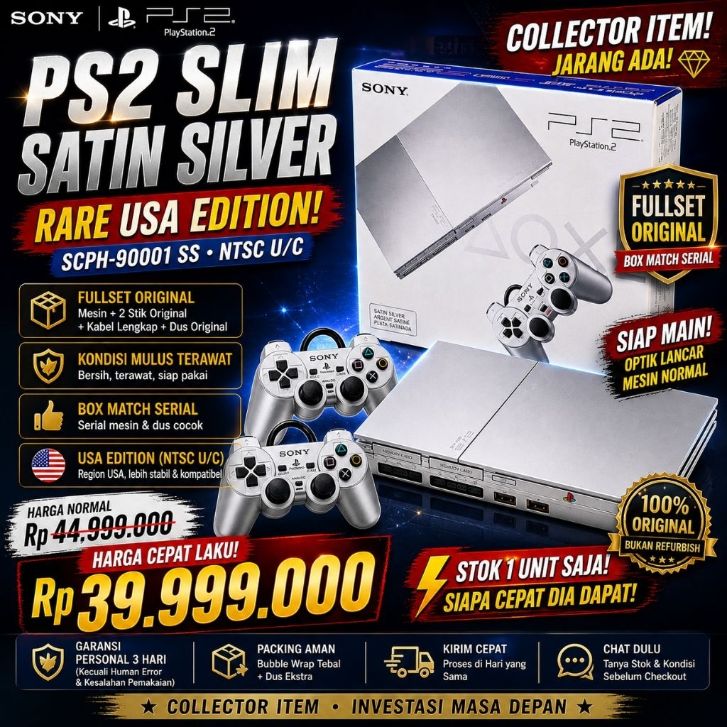 PS2 Slim Satin Silver USA Edition SCPH-90001 BNOB Rare Fullset Original Box Collector Grade