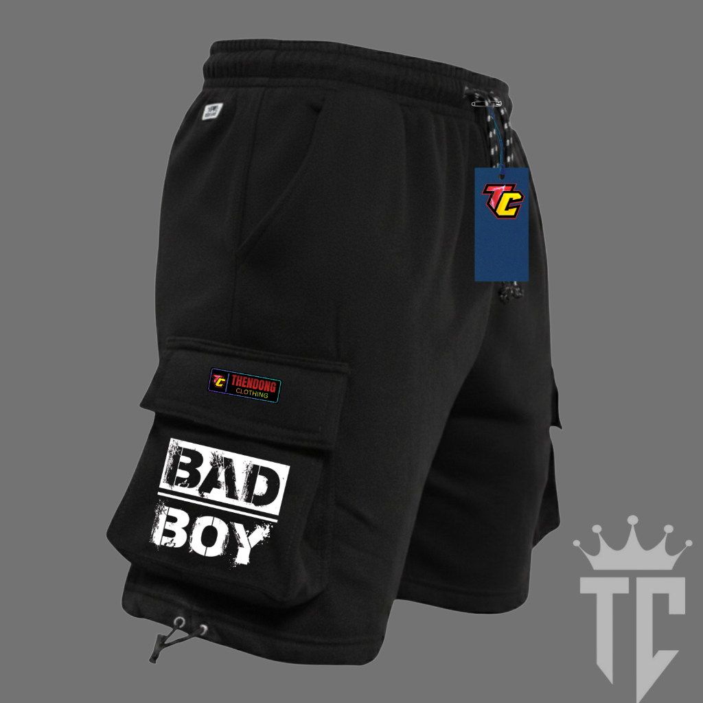 Celana Cargo Pendek Pria Wanita Motif BAD BOY Bahan Fleece Adem dan Nyaman size M-XXL