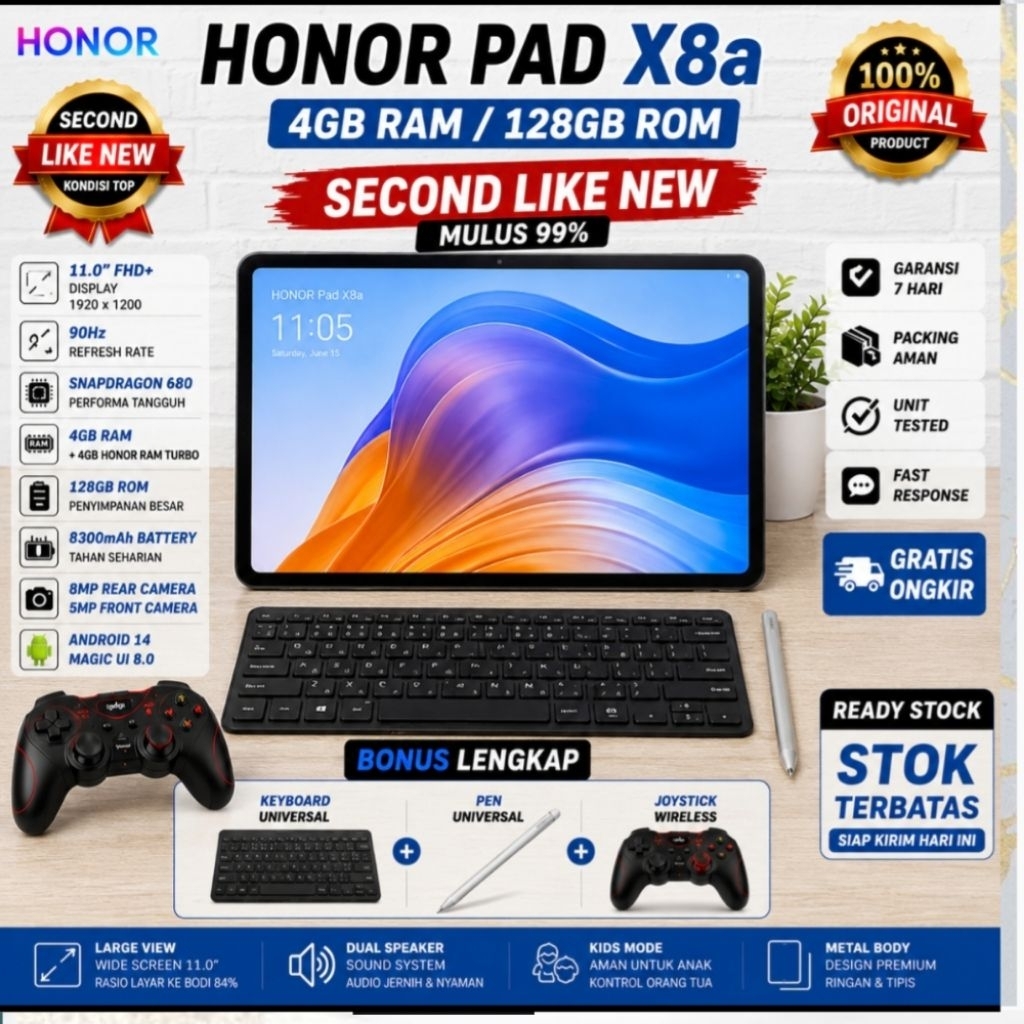 Tablet Honor Pad X8a 4 128 Second Like New Bonus Pen Keyboard Wireless Joystick Murah