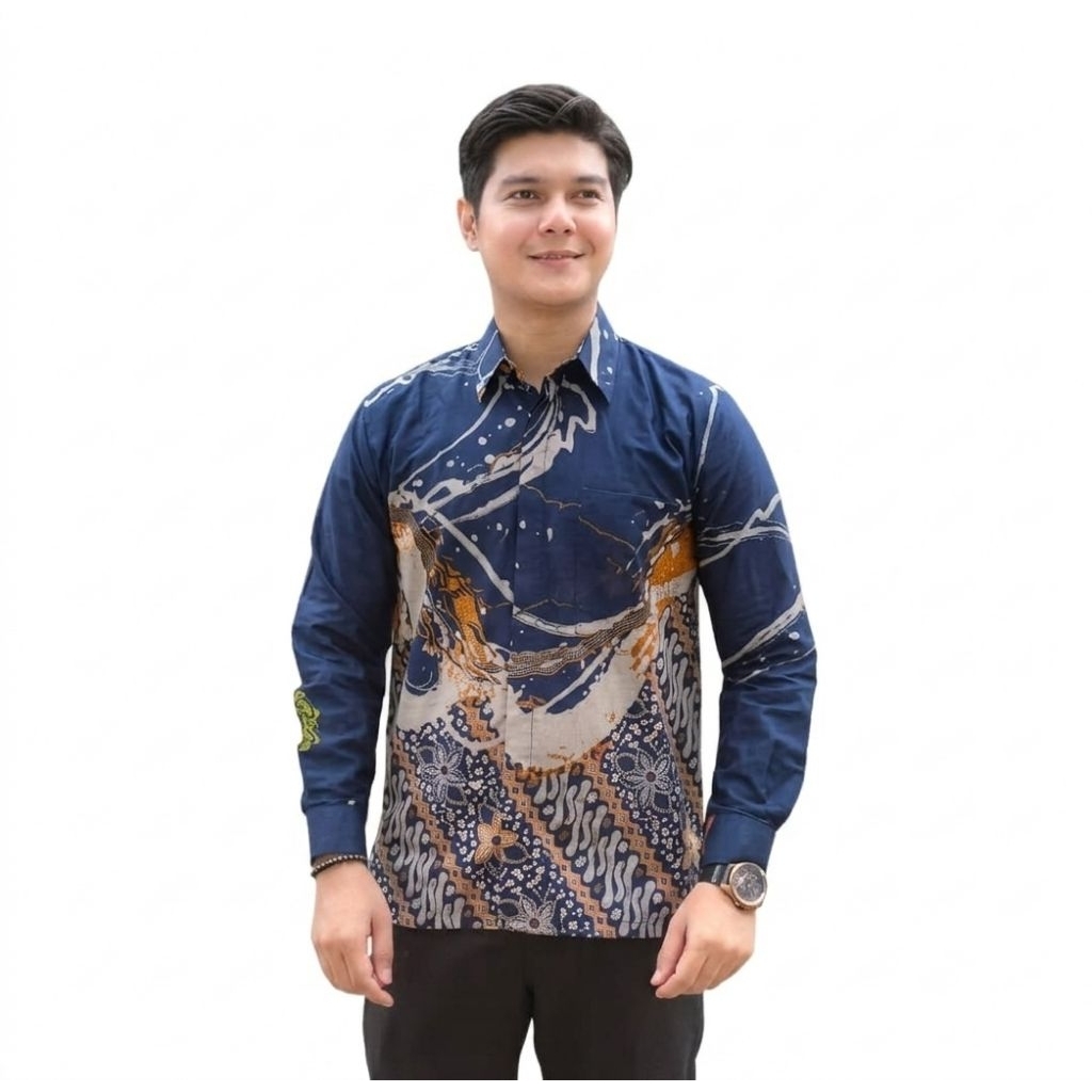 MANURFEI - Kemejan Batik Lengan Panjang Reguler Pria Warna Biru Tua