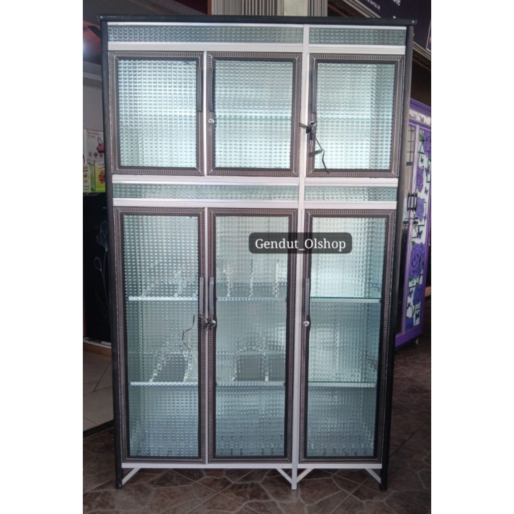 (Khusus Wilayah Kota Palembang) Lemari Rak Piring 3pintu Kaca, Lemari Piring Kaca Aluminium, Lemari 