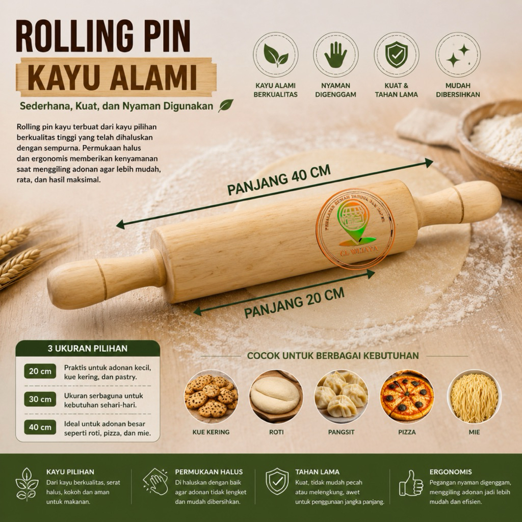 ROLLAN KAYU GAGANG BESAR / ROLLING PIN / PENGGILINGAN ADONAN KUE