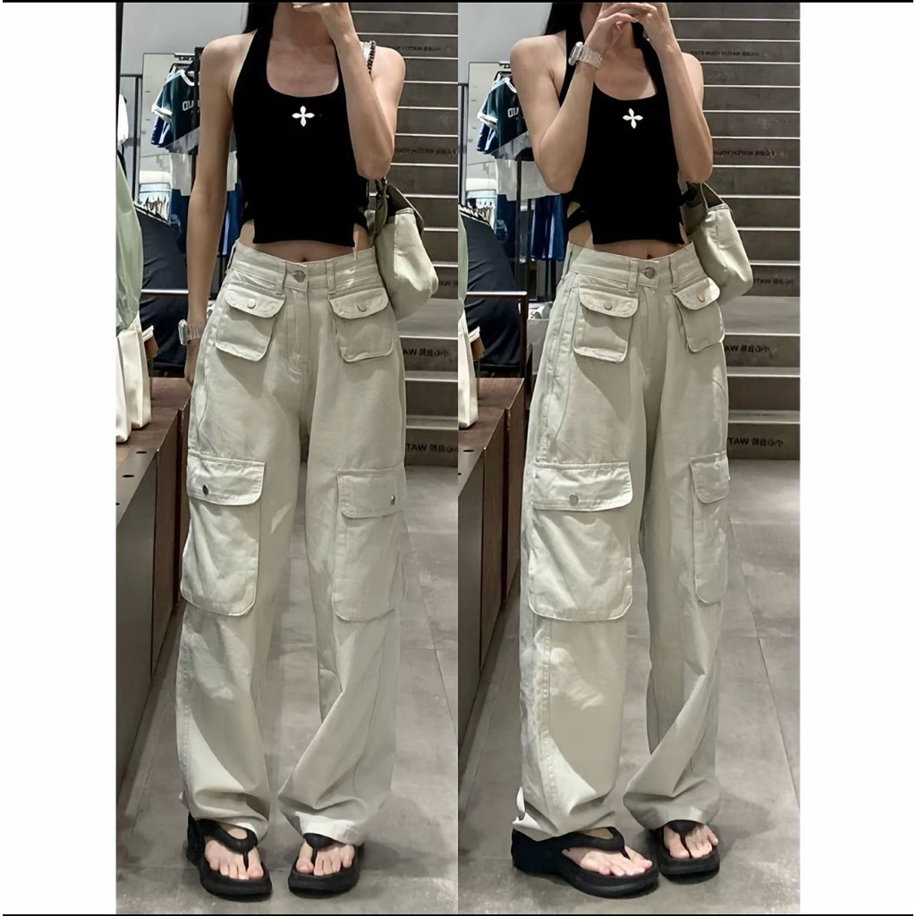 Celana cargo jeans wanita highwaist loost pants premium - jeans cewek - celana cargo denim HW korea