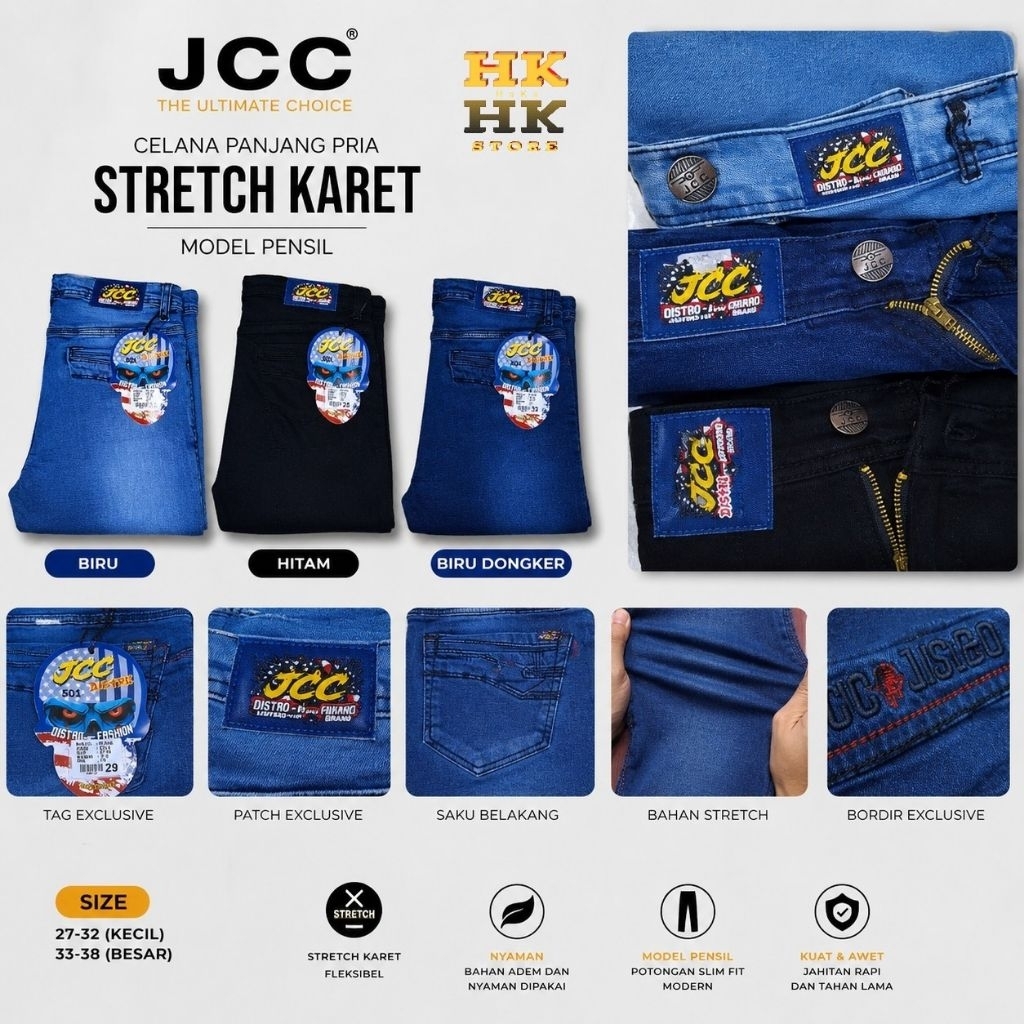 Celana Panjang Pria Original Merk JCC Levis stretch karet Pensil Distro Denim 3 Warna Size 27-38