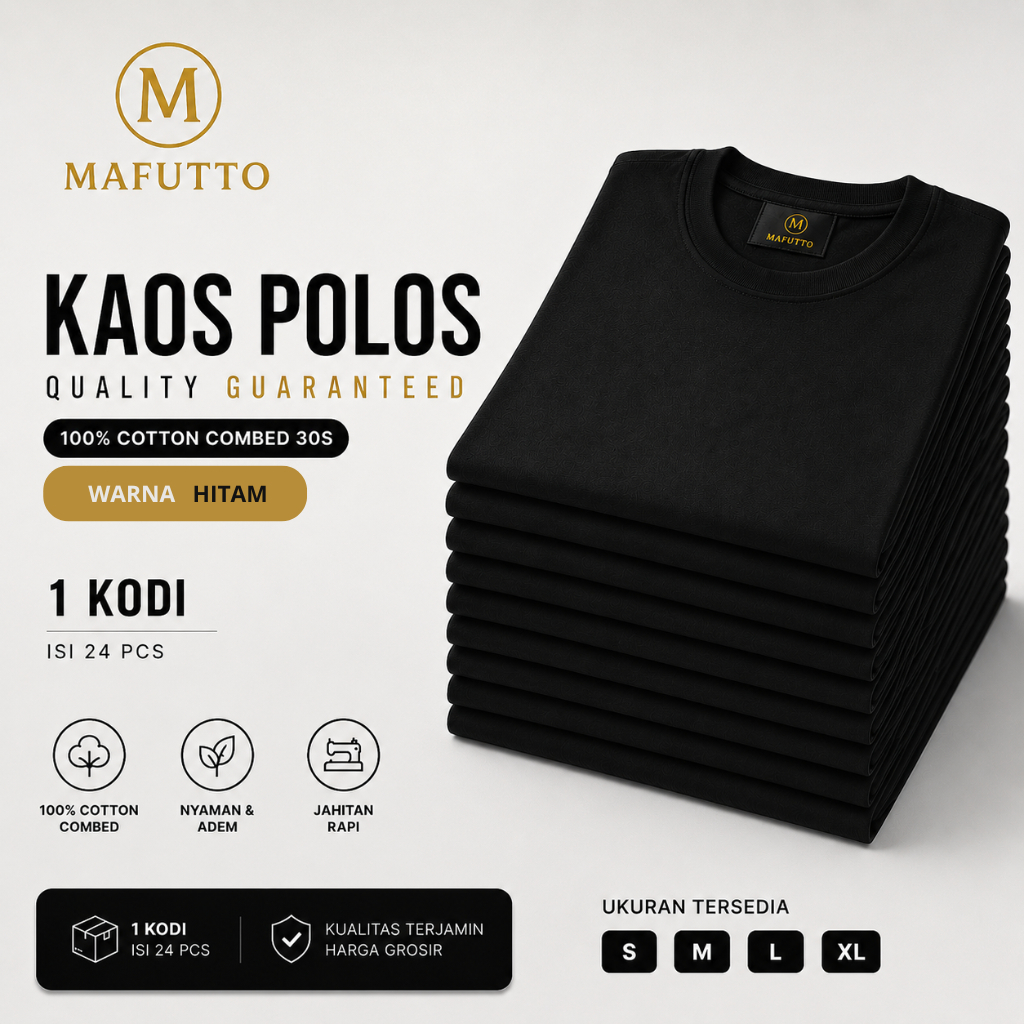 MAFUTTO Kaos Polos Unisex Cotton Minimalist Lengan Pendek - Hitam 1 Kodi 24pcs