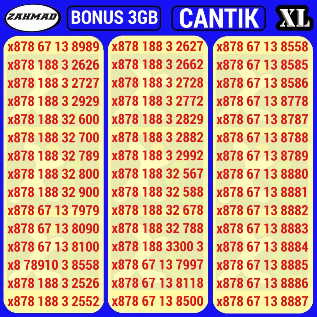 XL-A) NOCAN XL BONUS KUOTA kartu perdana nomor cantik triple AABB ABAB murah