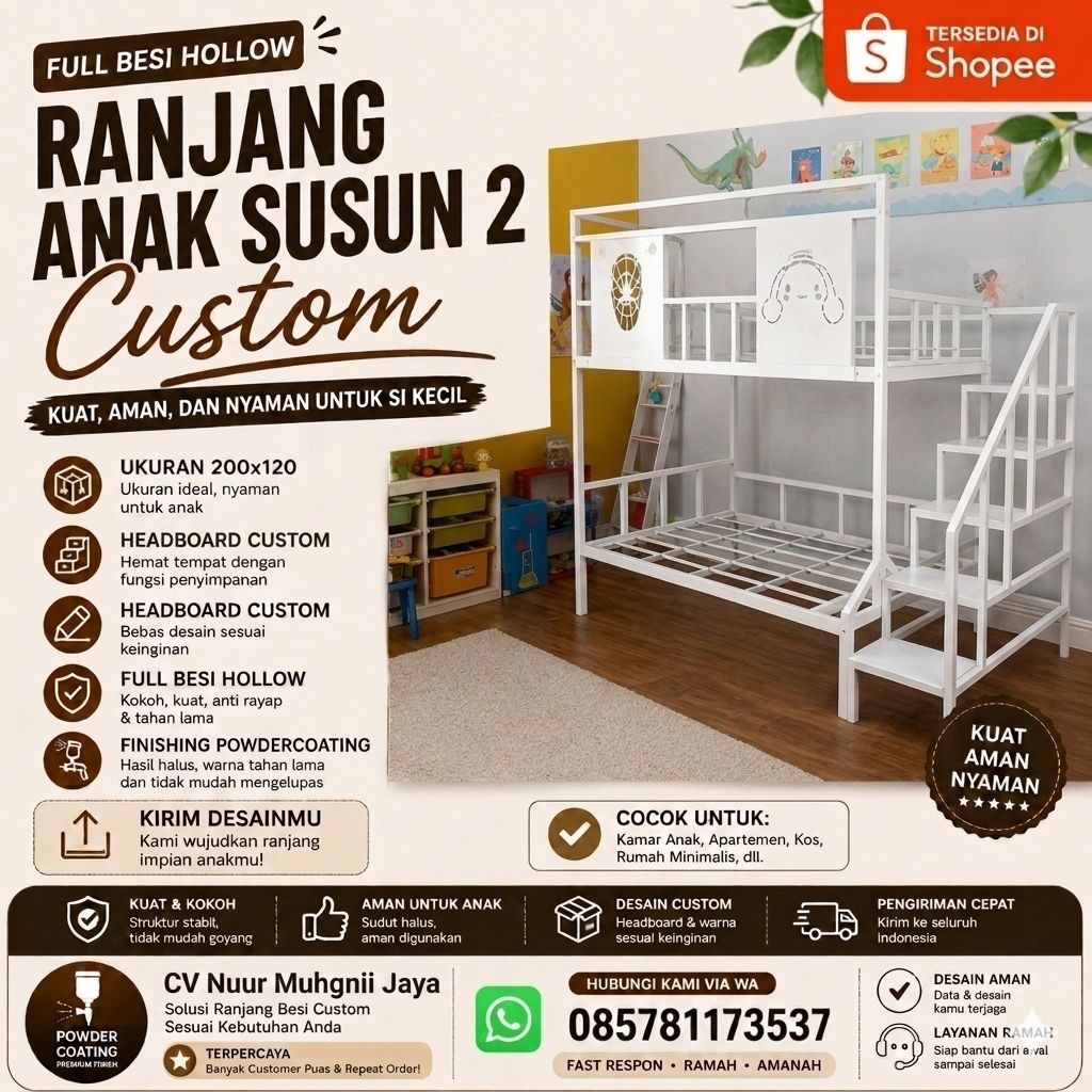 Ranjang Susun Anak 2 Tingkat 120x200 Laser Cutting Custom Gambar Full Besi Powder Coating Minimalis 