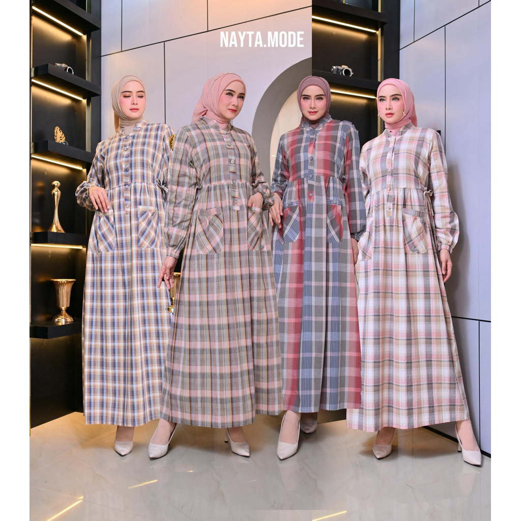 Nayta - Gamis Triset Premium Wanita | Gamis Triset Premium Motif Kotak | Gamis Triset | Gamis Kotak-