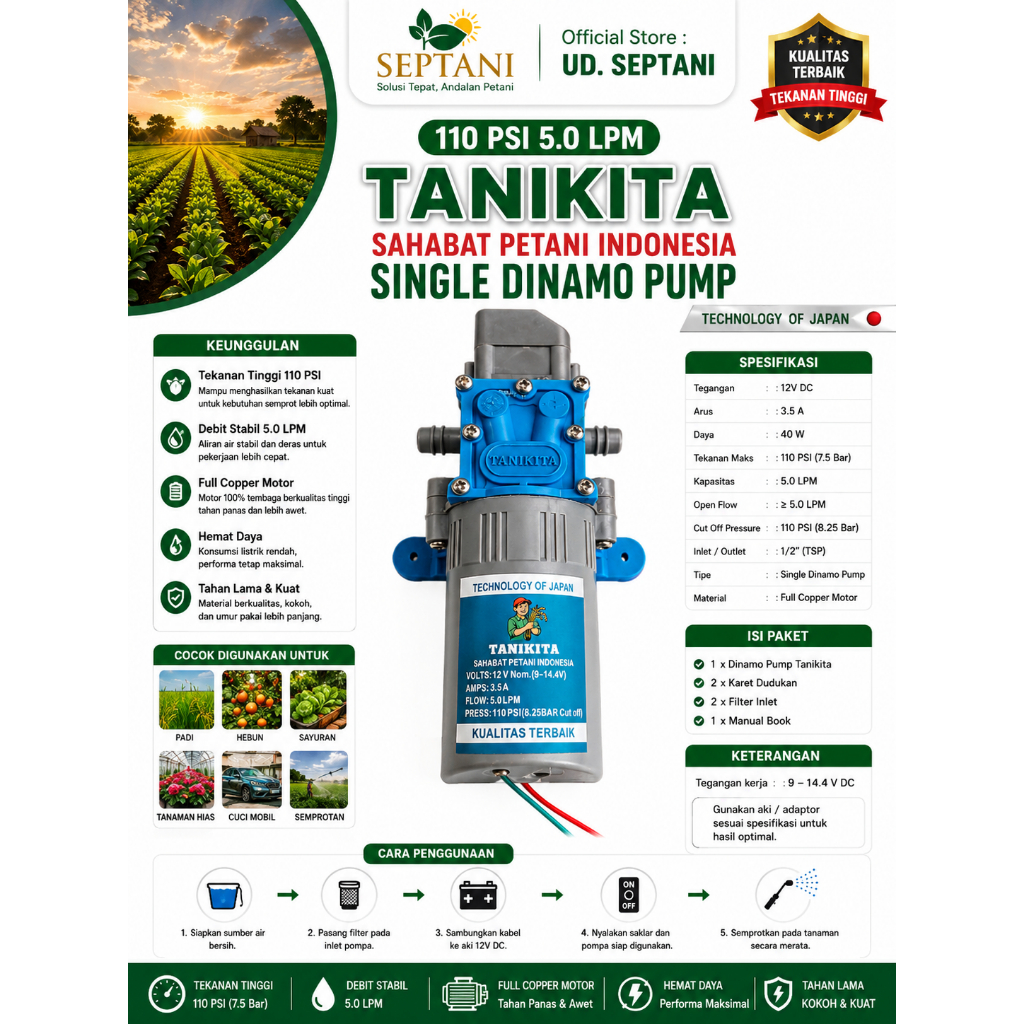 Dinamo Pompa Semprot Elektrik TANIKITA 12V Tekanan Tinggi untuk Sprayer Pertanian