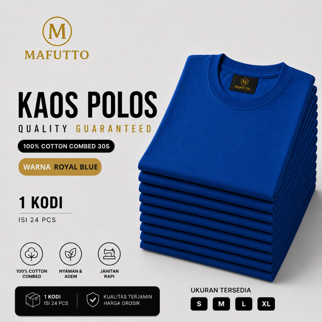 MAFUTTO Kaos Polos Unisex Cotton Minimalist Lengan Pendek - royal blue 1 kodi 24pcs