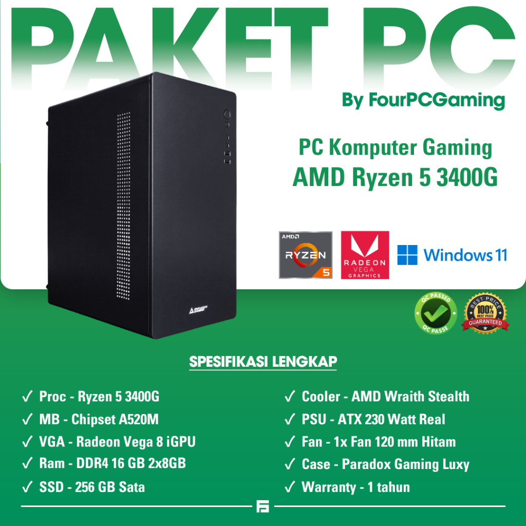 FourPCGaming Rakitan Komputer AMD Ryzen 5 3400G Ram 16GB | SSD 256GB