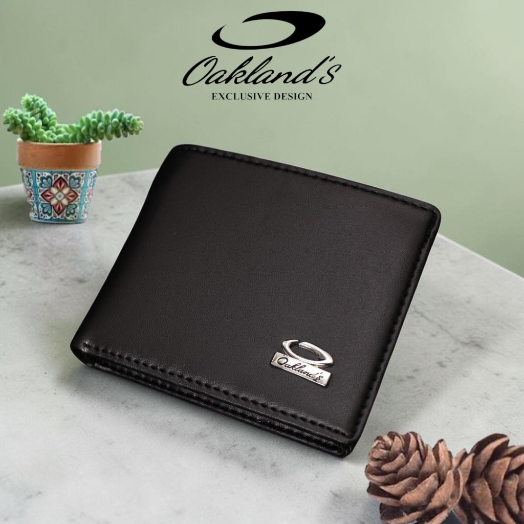 OAKLAND'S Dompet Pria Lipat Dua Bahan Kulit Sintetis PVC Resleting Hitam Cokelat Free Box MDA 01PL