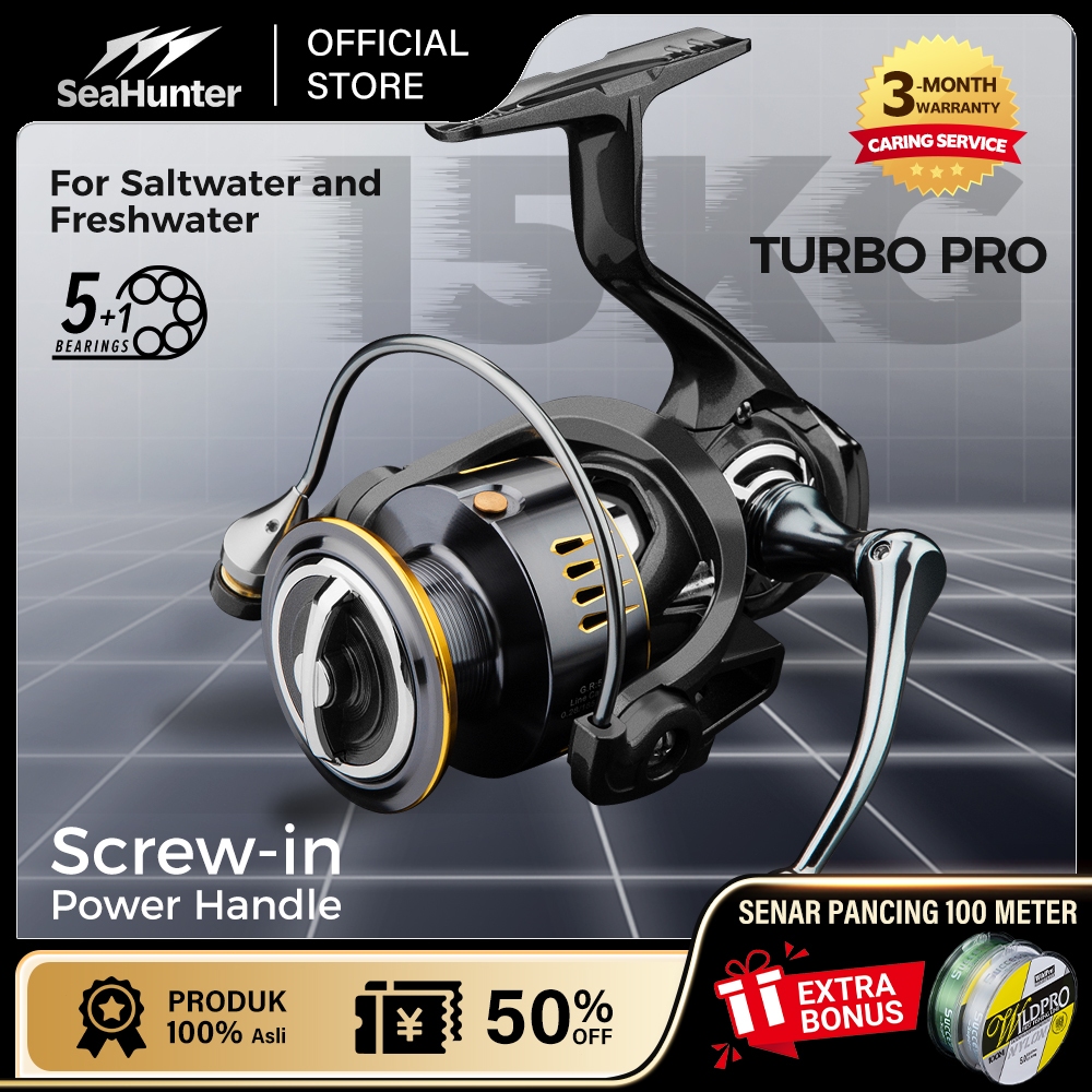 [OFFICIAL] SeaHunter TURBO PRO Reel Pancing Power Handle 1000s-7000 Spinning Reel,5+1BB Ball Bearings,5:2:1/4:9:1Gear Ratio,15KG Max Drag CNC Aluminum Spool Saltwater Umpan 1-10g,One-Way