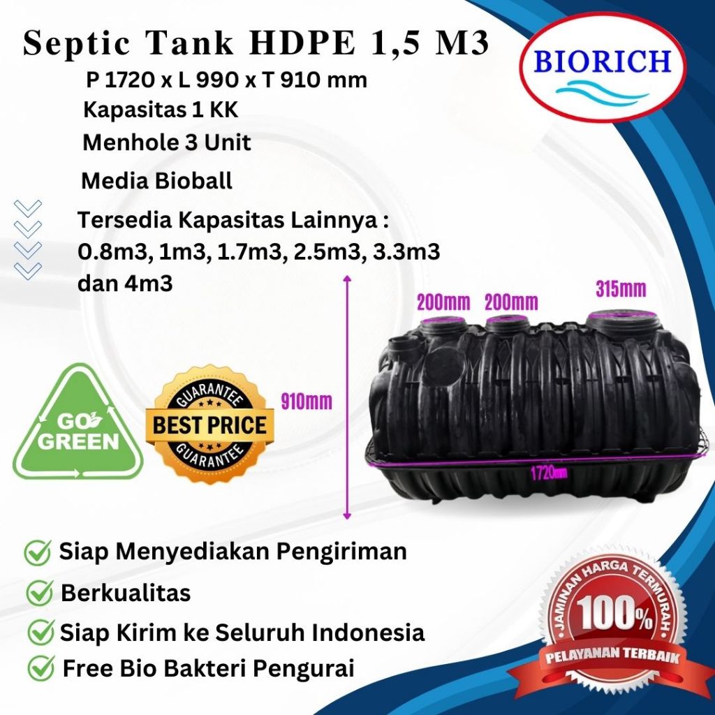 HDPE 1500 m3 - Septictank biorich PE- HDPE BIORICH- Sepric tank Septic Tank Komunal  1500 Liter