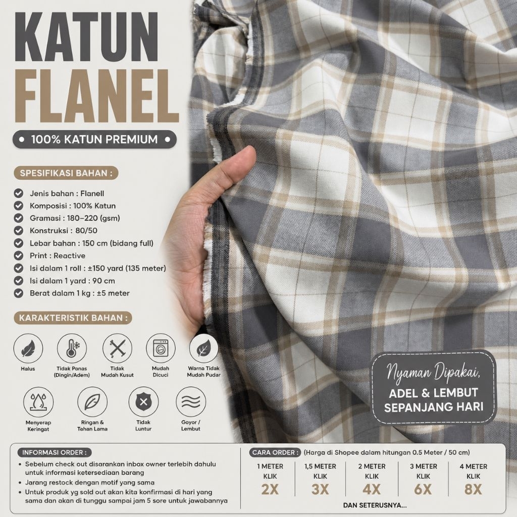 kain katun flanell // flanell meteran // flanel kotak kotak // flanel uniqlo