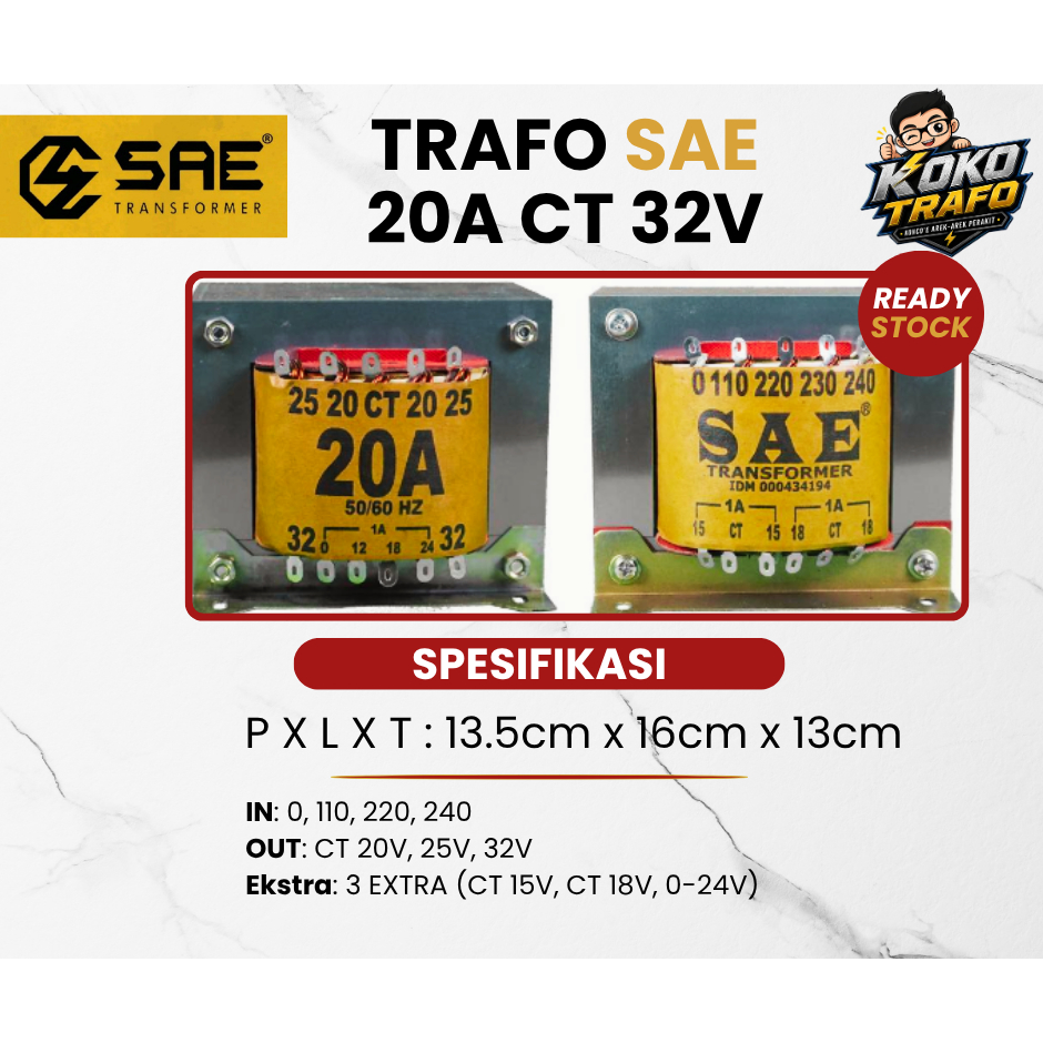 TRAFO SAE 20A CT 32V - 100% TEMBAGA MURNI ORI