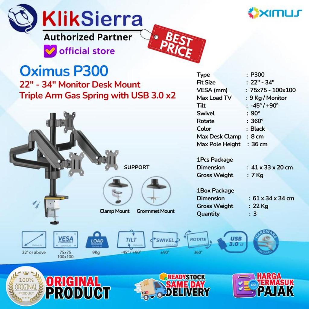 OXIMUS P300 Black Bracket Triple Arm Gas Spring - Braket TV LED LCD Monitor 22" - 34"