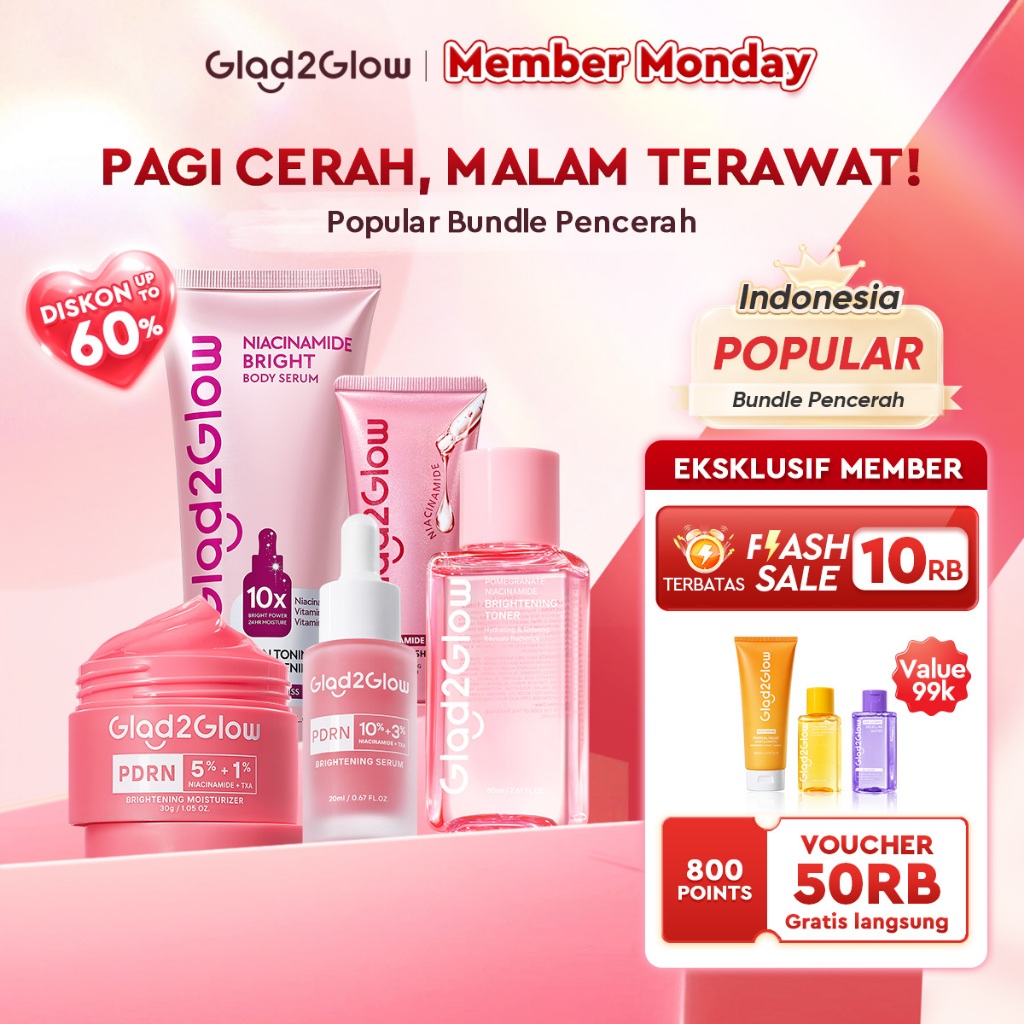 Glad2Glow Cerah Glowing Bundle 4in1-Brightening Moisturizer+Serum+Cleanser+toner+Peeling solution+Re