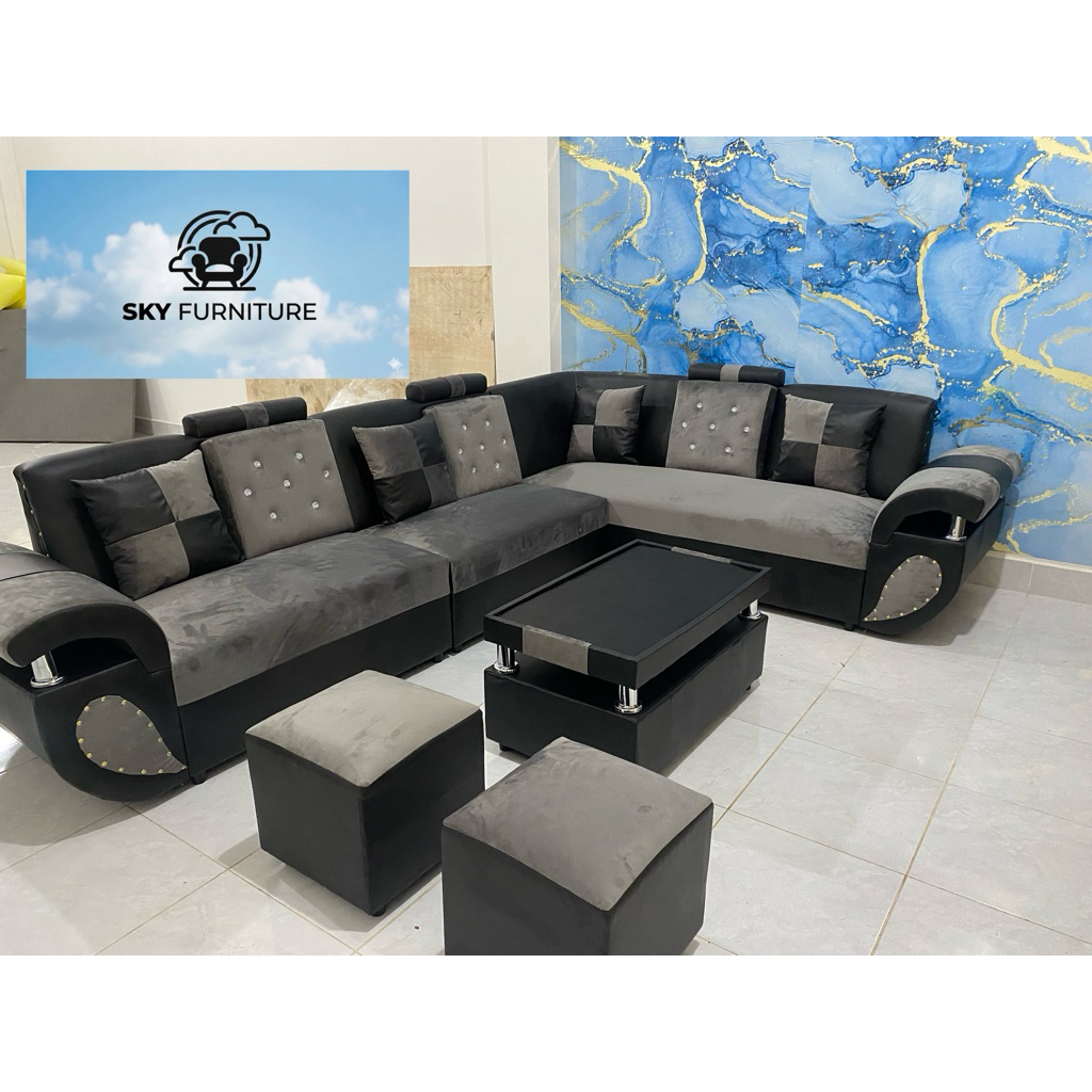 Sofa L Jumbo Minimalis 8-9 Seater Bludru mix Kulit