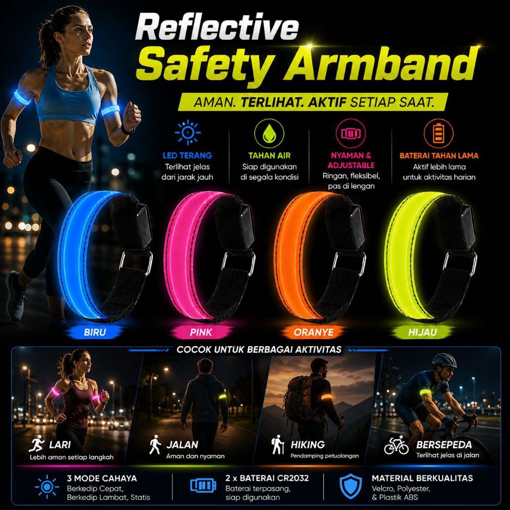 Sport armband wristband safety belt LED light / gelang running / gelang lari saat malam