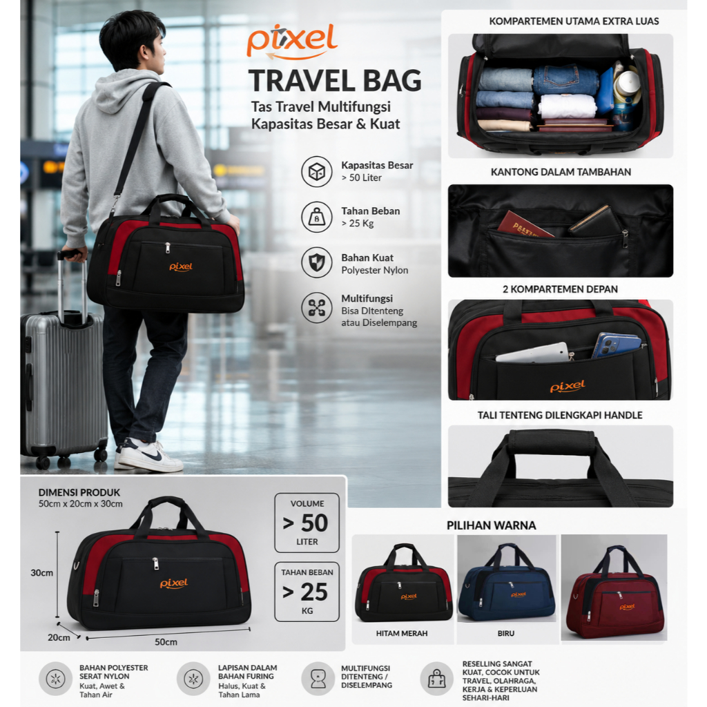 Tas Travel Bag Besar PIXEL 50 Liter Tas Liburan Tas Mudik Multifungsi Premium Bisa Ditenteng dan Sel