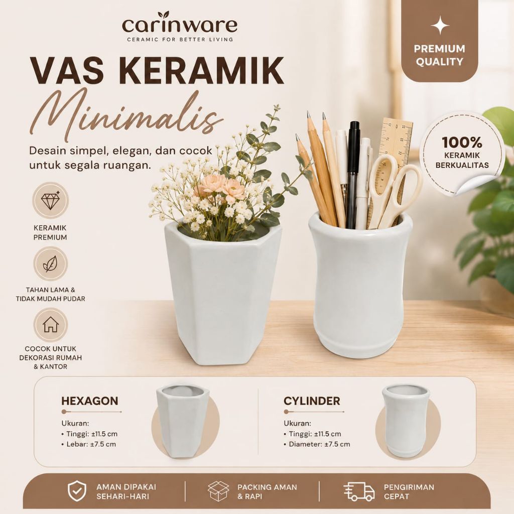 Carinware(PROMO)TERLARIS Vas bunga keramik minimalis putih polos | tempat pensil