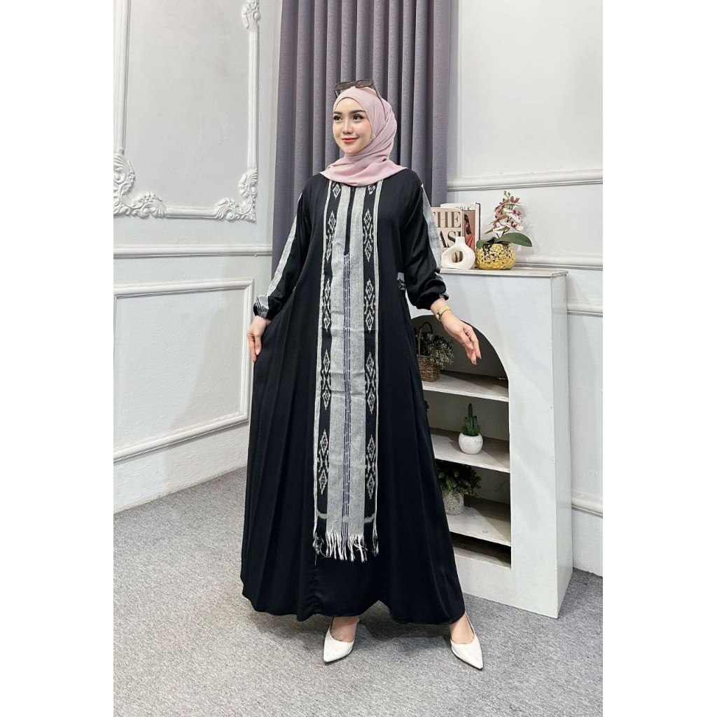 Gamis Twill ORI Motif Etnik kombinasi tenun Troso Terbaru