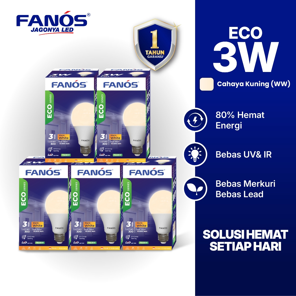 Fanos Eco 3W [Paket 5Pcs] Lampu LED Bohlam Cahaya Kuning Bergaransi