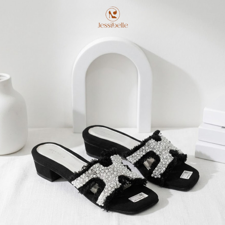LILI - Sandal Heels Permata Sintetis Hak 3cm Kasual Hitam Biru