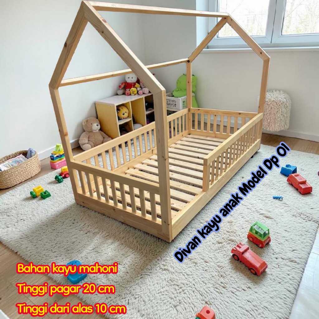 Divan Anak Kayu Modern dengan Pagar – Ranjang Anak Estetik Kekinian