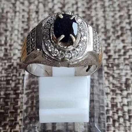 063. Cincin Natural IOLITE plus memo, Ring Alpaka semi micro double plat, size: 9