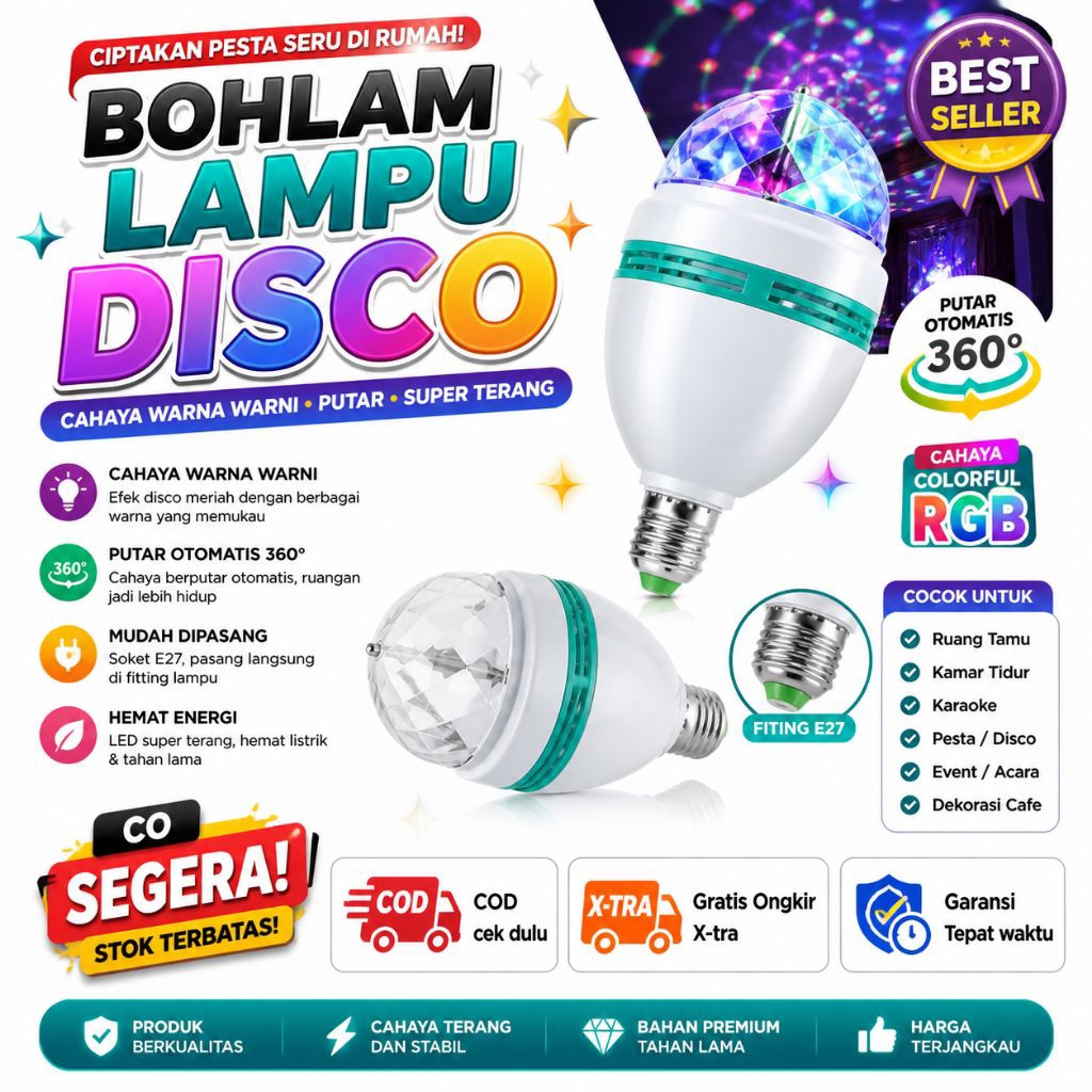 BOHLAM LAMPU DISCO LED FITTING PUTAR / Lampu Disco Rotate Putar Full Colour