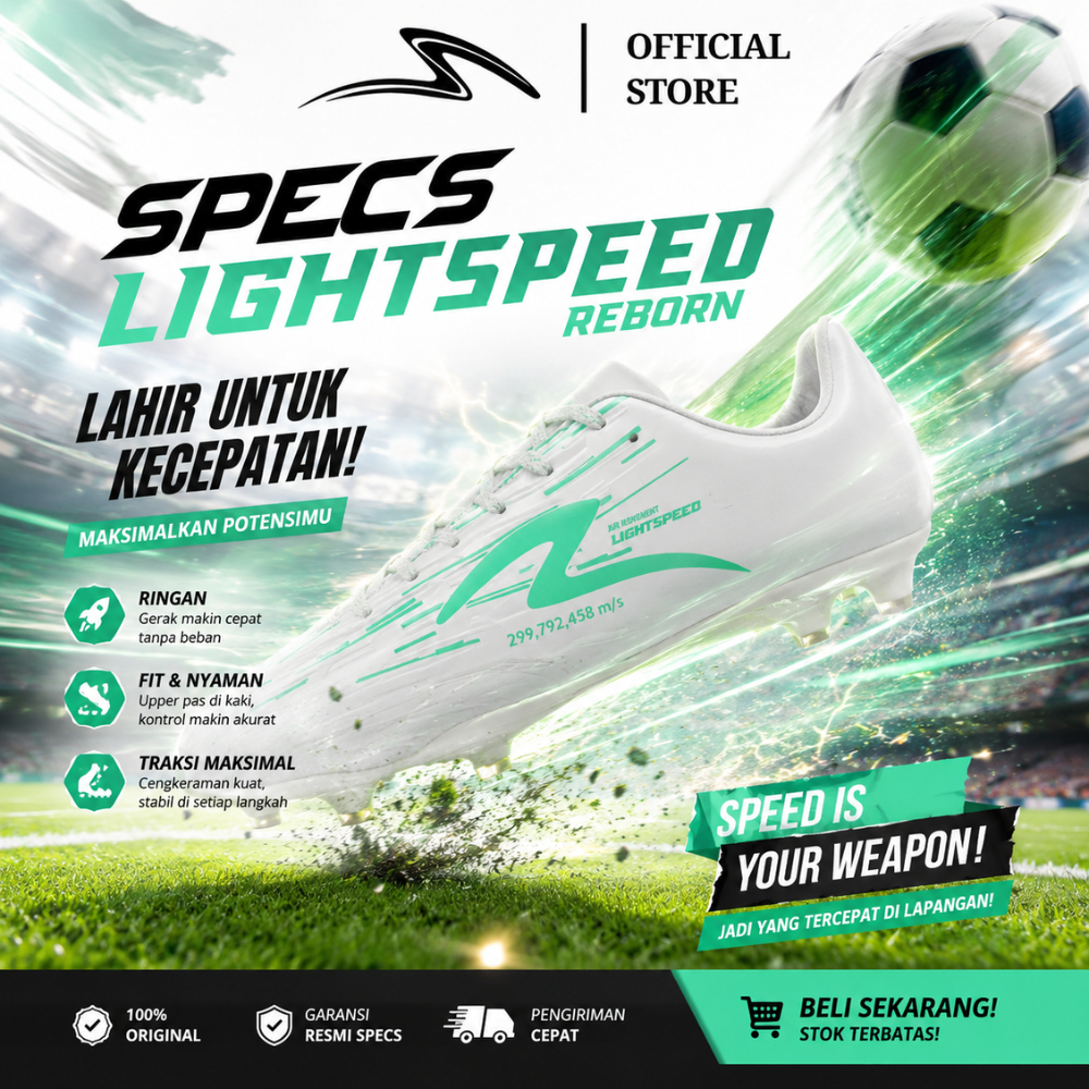Sepatu Sepak Bola Specs Lightspeed Reborn Putih Hijau Ringan Fit Nyaman Traksi Maksimal