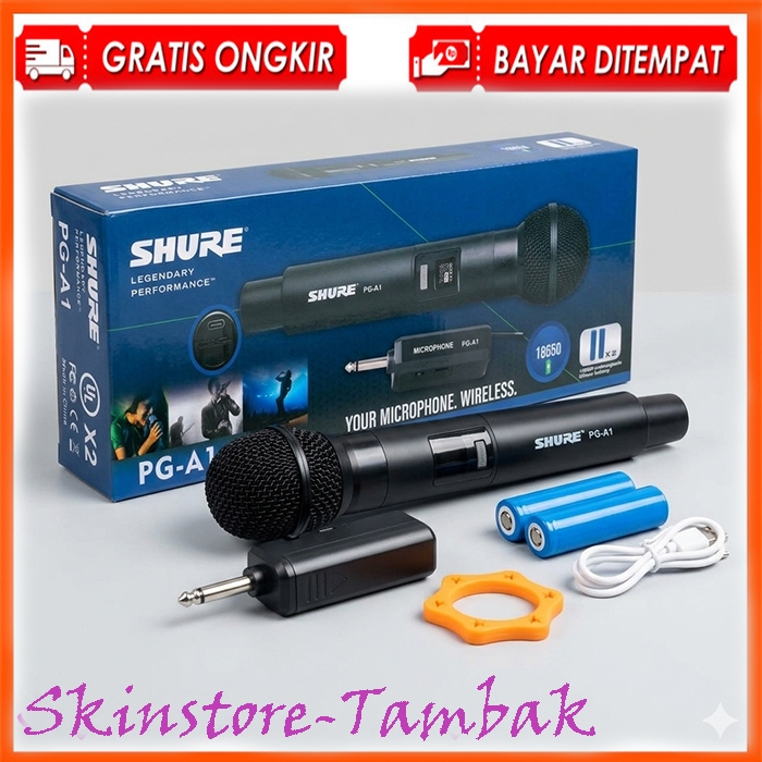 Microphone Wireless Shure PG-A1 Mic wireles Genggam Dynamic UHF Free Baterai Charger 18650 Reusable 