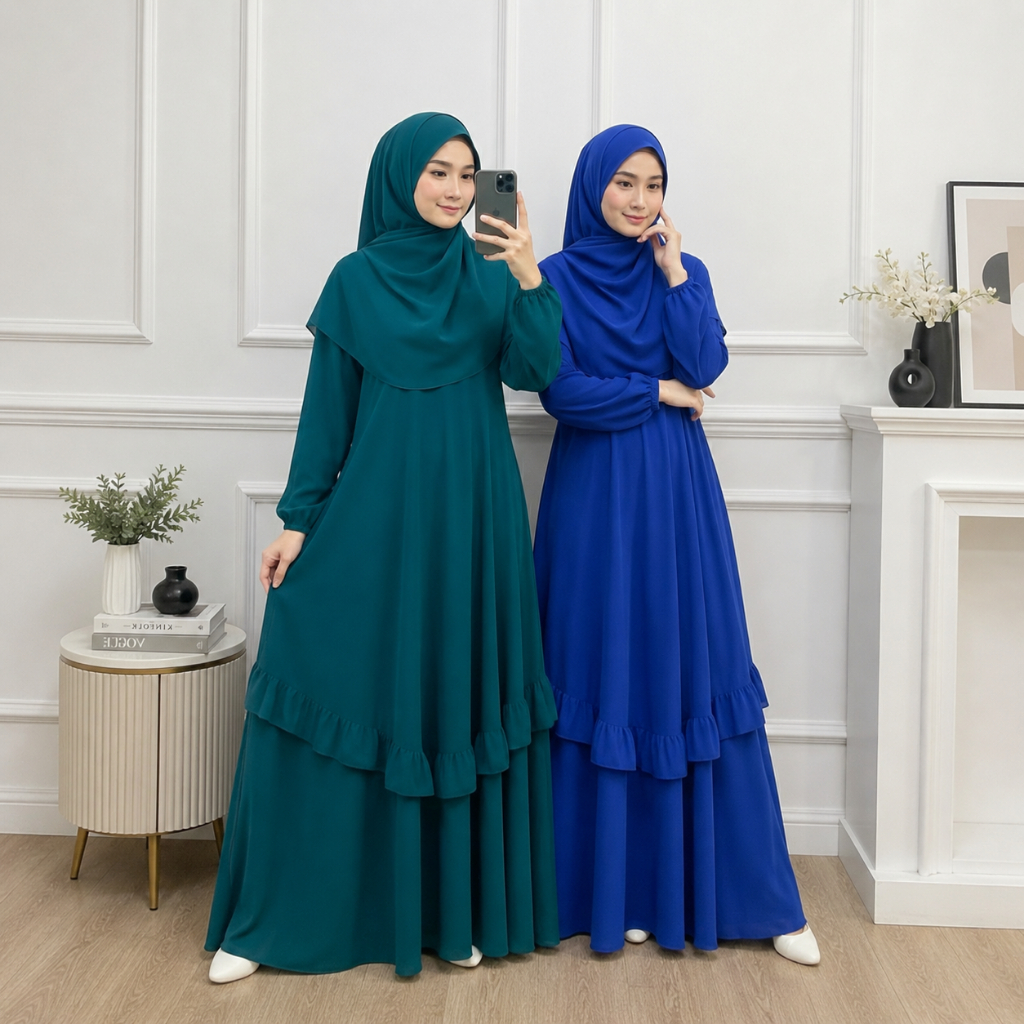 Gamis Ceruty Babydoll Terbaru Warna Emerald Blue Biru Electric Biru Bca Wanita Dewasa Tanpa Hijab