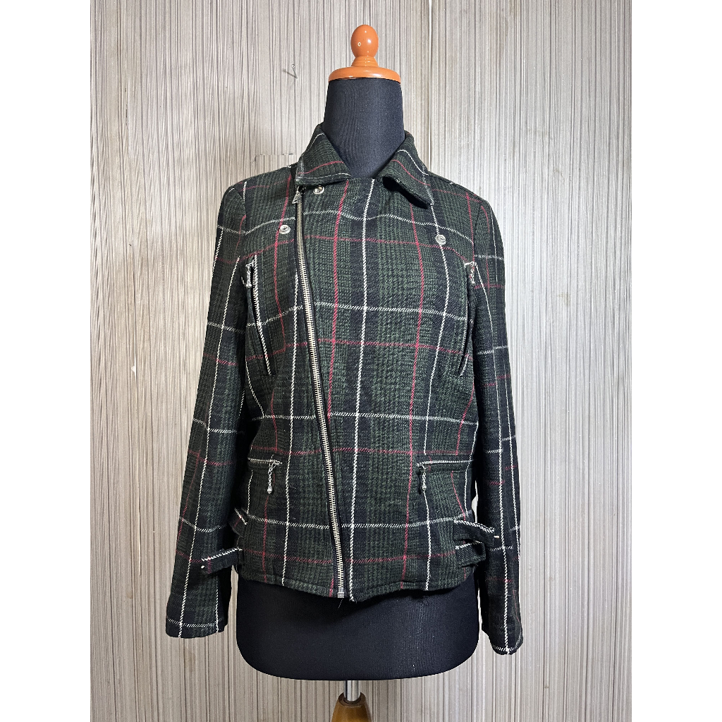 Dark Green Plaid Biker Jacket - Jaket Motor Wol Motif Kotak Ritsleting Asimetris