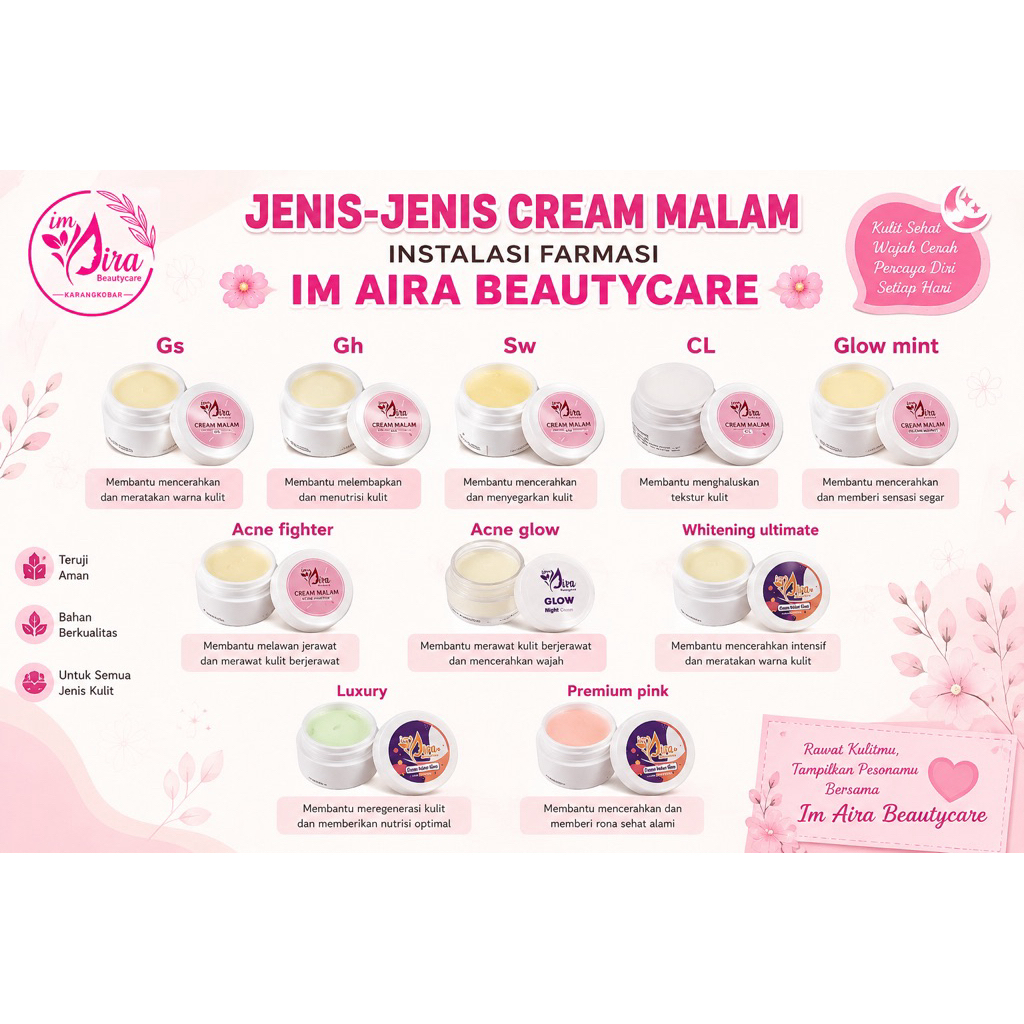 Night Cream code CL, GS, GH, AF, SW, Glow, Premium Dosting