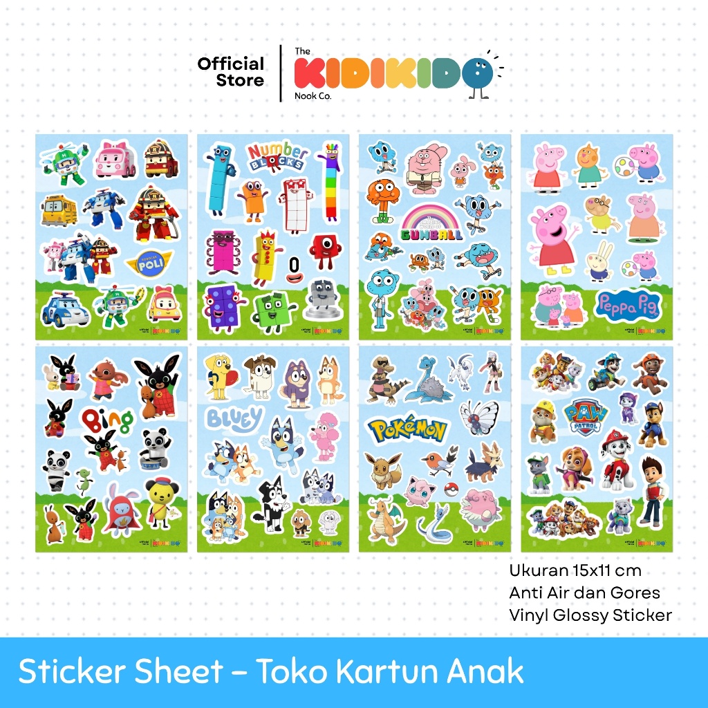 Sticker Sheet Kartun Anak | Deco Stiker Waterproof | Bluey, Robocar Poli, Peppa Pig, Paw Patrol, Nus