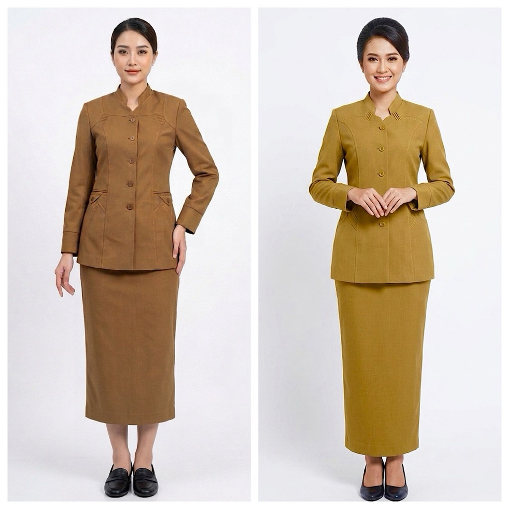 Seragam Pemda Wanita Kerah Shanghai Set Rok dan Celana Baju Dinas PNS Pemda Tua Muda Ukuran XS-5L