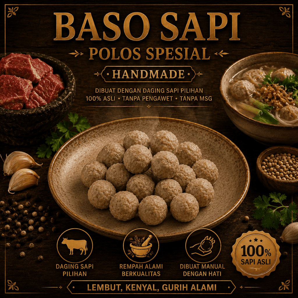 Bakso Sapi Polos Handmade Premium - Baso Kenyal Alami Daging Sapi Pilihan Frozen Vacuum Sealed