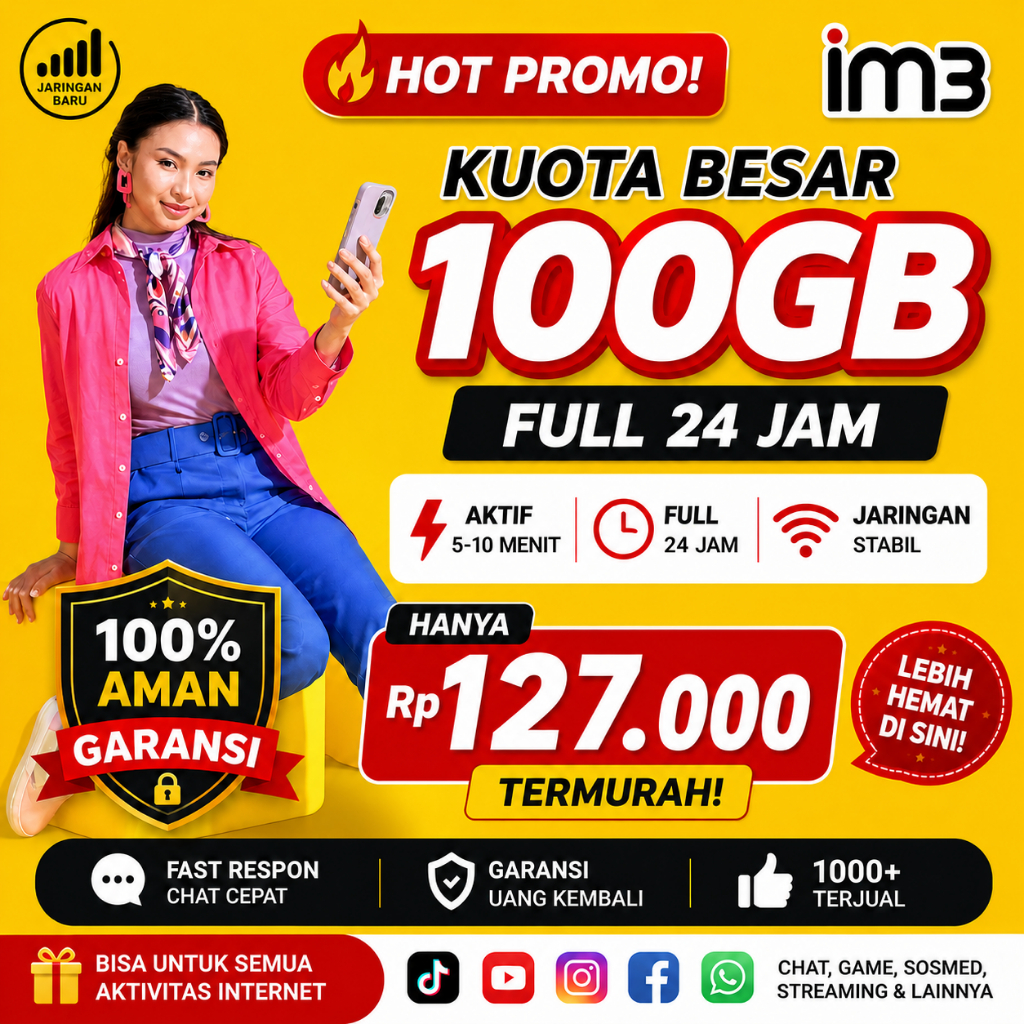 Promo Kuota Indosat 100GB Full 24 Jam Murah IM3 Paket Data Nasional Aktif Cepat