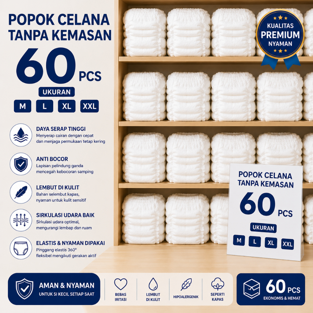 Popok Dewasa Tipe Celana|Isi 60 Pcs|Murah Berkualitas|Daya Serap Tinggi|Anti Bocor|Diapers Adult|Dia