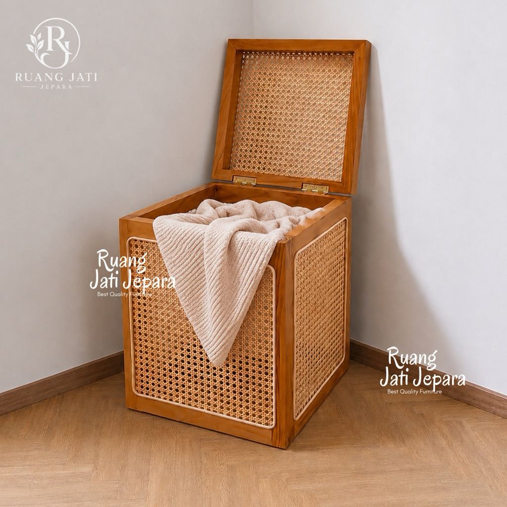 Box Penyimpanan Rotan Kayu Jati Aesthetic Serbaguna | Storage Box Rotan | Box Penyimpanan Rumah Este