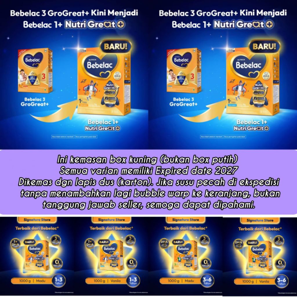 Susu Bebelac nutrigreat 3+ madu vanila 1+ madu vanila 1 kg 1000 g