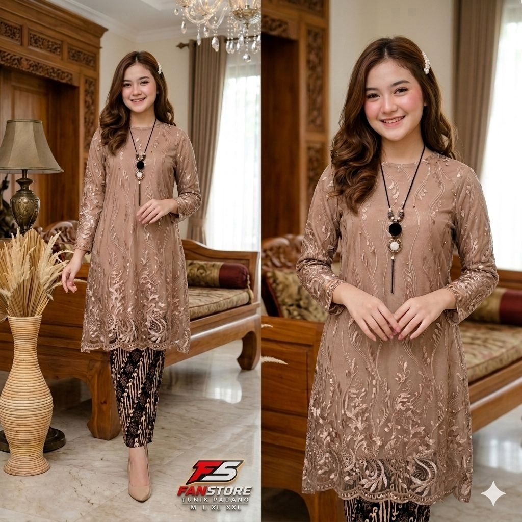 Set Tunik Brokat Padang Wanita Kebaya Jumbo Modern Kombinasi Rok Plisket Batik | Tunik Pesta Elegan 