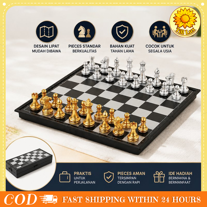 Papan Catur Magnet 25x25cm - Lipat, 32 Bidak Emas/Perak Juga Bisa Digunakan sebagai Permainan Puzzle