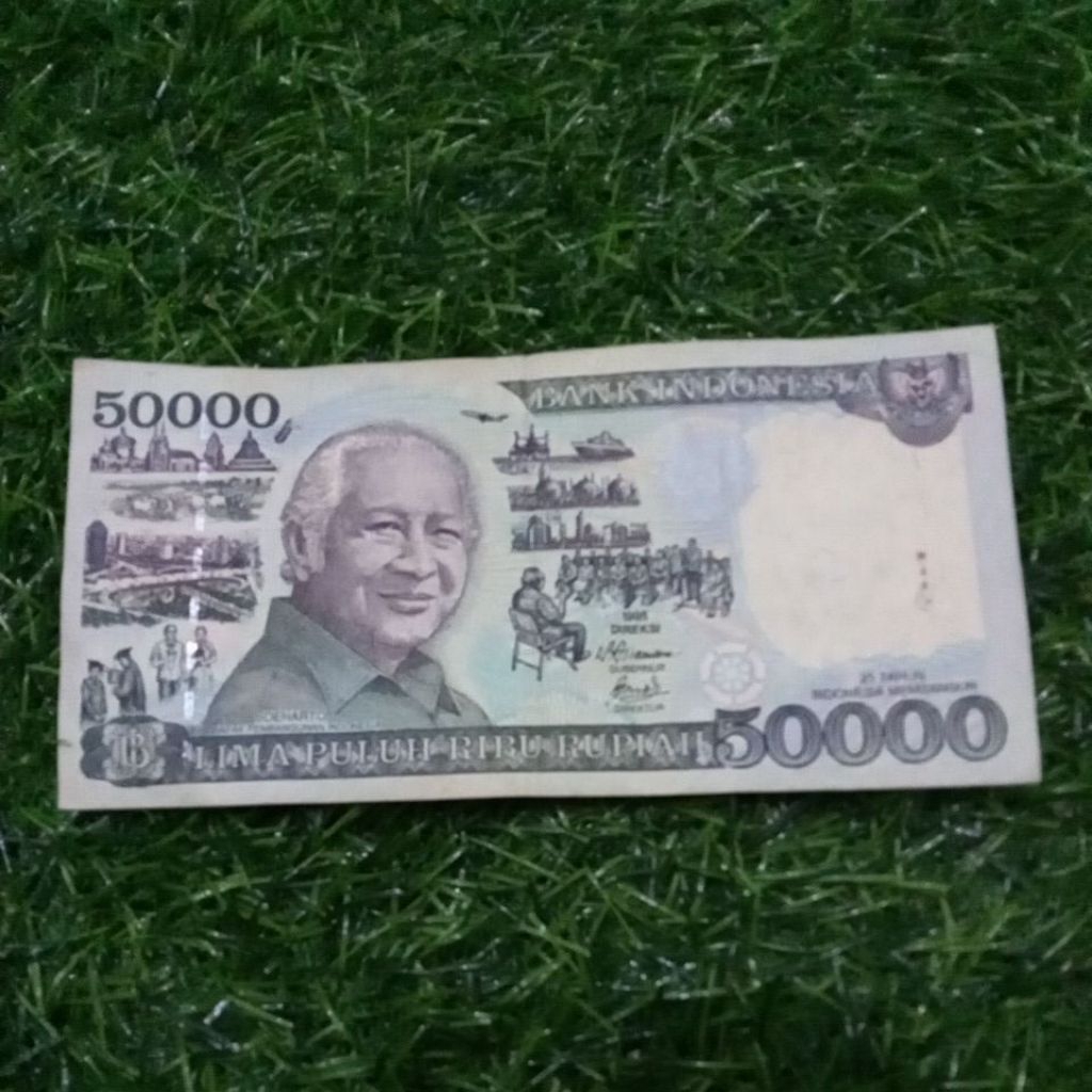 uang kuno indonesia 50000 soeharto 1995 asli bekas edar