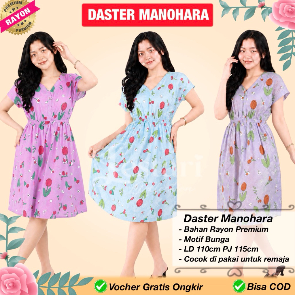 DASTER MANOHARA RAYON BALI MOTIF BUNGA KEKINIAN PANJANG SELUTUT LD 110cm
